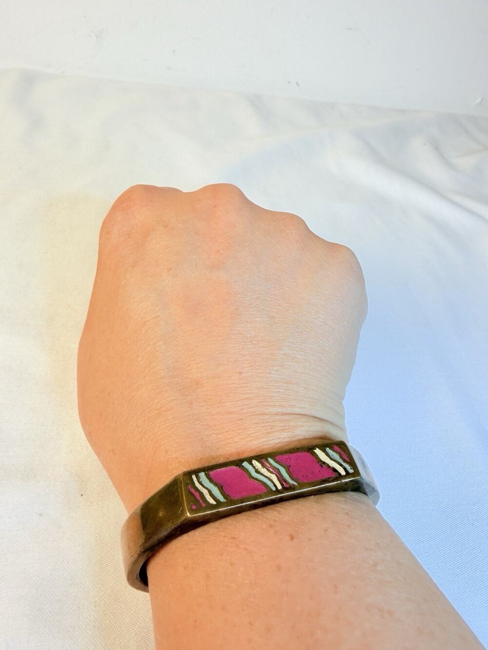 Vtg Brass Cuff Geometric Enamel Bracelet Blue/ Pink Modernest Jewelry
